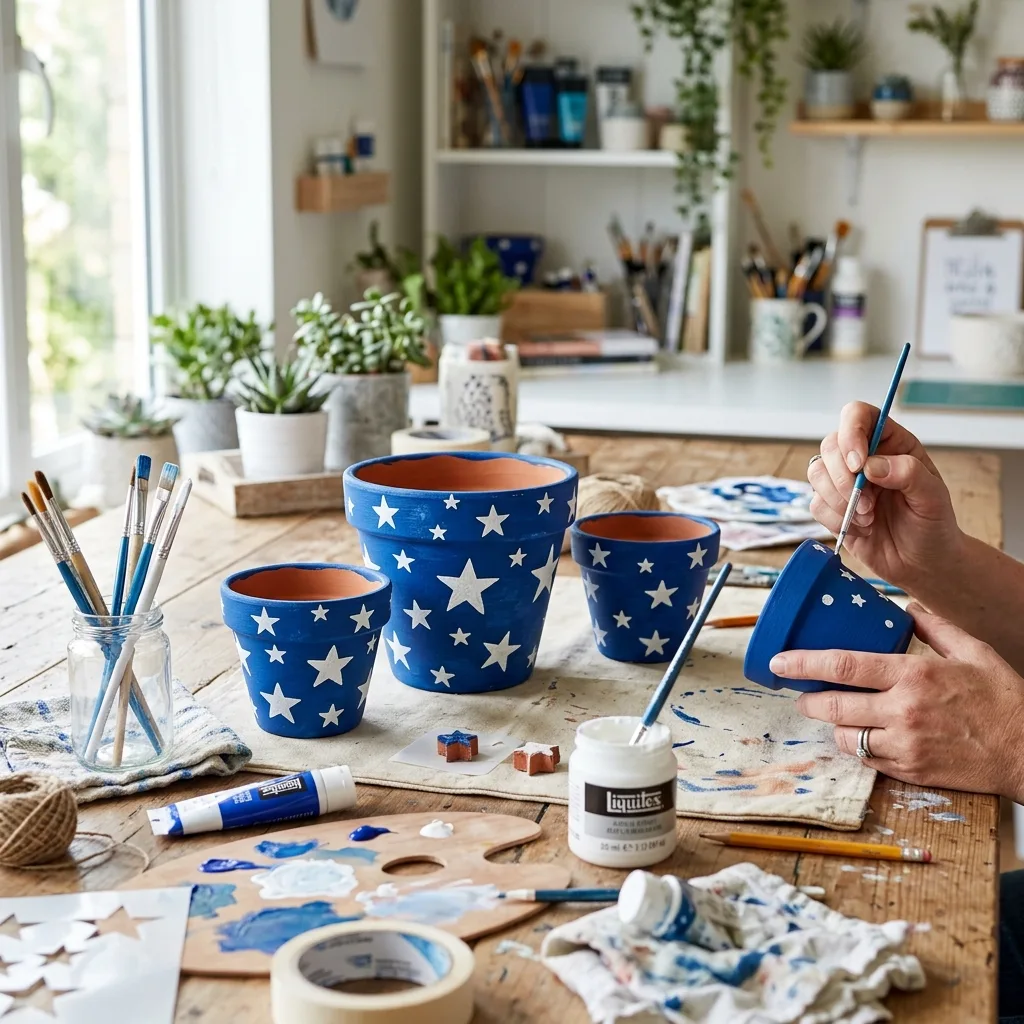 Clay pots with white stars on patriotic colors